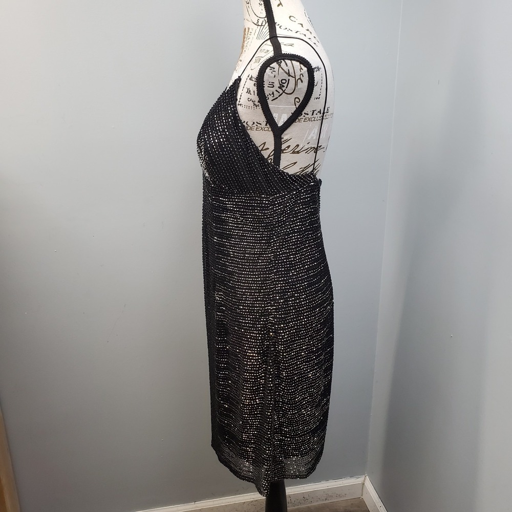Adrianna Papell Evening Cocktail Dress Womens 12 Black Beaded Spaghetti Straps - Picture 8 of 11